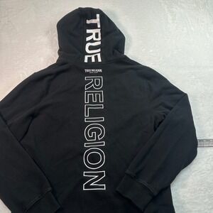 True Religion Full Zip Hoodie Mens Large Black Graphic Logo Big Spellout Back